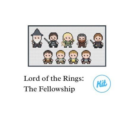 A black photo frame containing a cross stitch design of the Fellowship of the ring from Lord of the Rings. Including Gandalf, Aragorn, Legolas, Gimli, Boromir, Frodo, Sam, Merry & Pippin