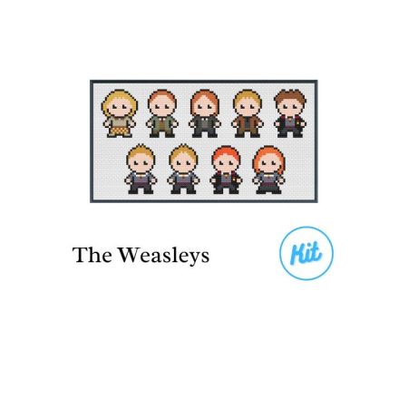 A black photo frame containing a cross stitch design of the Weasleys from Harry Potter. Including Molly, Arthur, Bill, Charlie, Percy, Fred, George, Ron & Ginny