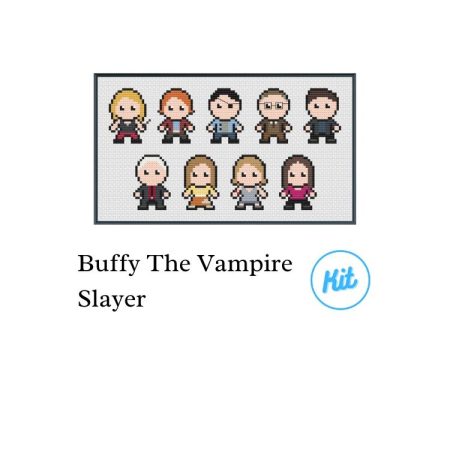 A black photo frame containing a cross stitch design of all the characters from the Buffy the Vampire Slayer. Including Buffy Summers, Willow Rosenberg, Xander Harris, Rupert Giles, Angel, Spike, Tara Maclay, Anya Jenkins & Dawn Summers
