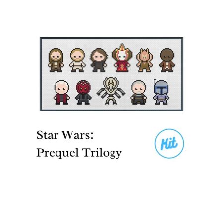 A black photo frame containing a cross stitch design of the characters from Star Wars. Including Qui-Gon Jinn, Obi-Wan Kenobi, Anakin Skywalker, Padme, Jar Jar Binks, Mace Windu, Palpatine, Darth Maul, General Grievous, Count Dooku & Jango Fett.