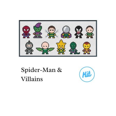 A black photo frame containing a cross stitch design of Spider-Man & Villains. Including Spider-Man, Green Goblin, Doc Ock, Mysterio, Venom, Sandman, Rhino, Vulture, Electro, Lizard & Shocker.