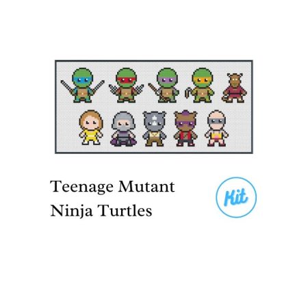 A black photo frame containing a cross stitch design of all the heroes & villains from The Teenage Mutant Ninja Turtles Cartoon. Including Leonardo, Raphael, Donatello, Michelangelo, Splinter, April O'Neil, Shredder, Rocksteady, Bebop & Krang.