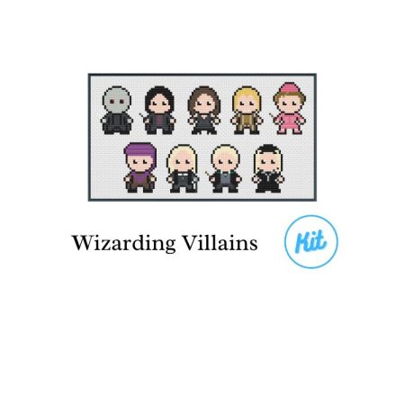 A black photo frame containing a cross stitch design of the villains from Harry Potter. Including Voldemort, Snape, Bellatrix, Pettigrew, Umbridge, Quirrel, Lucius Malfoy, Draco Malfoy and Narcissa Malfoy