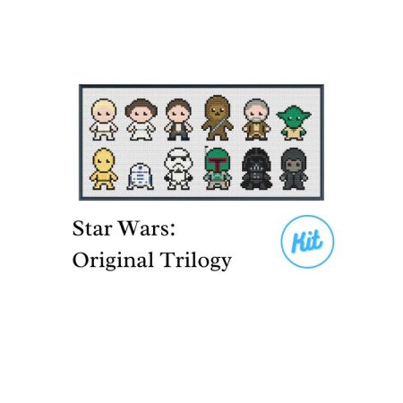 A black photo frame containing a cross stitch design of the characters from Star Wars. Including Luke Skywalker, Princess Leia, Han Solo, Chewbacca, Obi Wan Kenobi, Yoda, C3PO, R2D2, Stormtrooper, Boba Fett, Darth Vader & Emperor Palpatine.