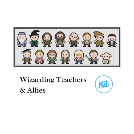 A black photo frame containing a cross stitch design of Hogwarts teachers from Harry Potter. Including Dumbledore, McGonagall, Sirius Black, Hagrid, Moody, Lupin, Sprout, Flitwick, Slughorn, Lockhart, Trelawney, Filch, Luna, Neville & Dobby