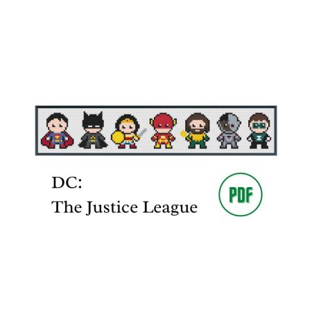 A black photo frame containing a cross stitch design of the 7 members of the Justice League, including Superman, Batman, Wonder Woman, The Flash, Aquaman, Cyborg and Green Lantern