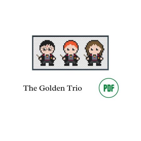 A black photo frame containing a cross stitch design of the Golden Trio from Harry Potter. Including Harry Potter, Ron Weasley and Hermione Granger