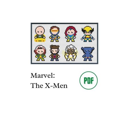 A black photo frame containing a cross stitch design of the X-men. Including Professor X, Cyclops, Jean Grey, Wolverine, Rogue, Gambit, Storm & Beast