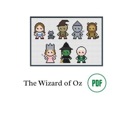 A black photo frame containing a cross stitch design of all the heroes & villains from The Wizard of Oz. Including Jack Sparrow, Will Turner, Elizabeth Swann, Barbossa & Davy Jones.