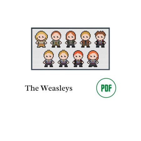 A black photo frame containing a cross stitch design of the Weasleys from Harry Potter. Including Molly, Arthur, Bill, Charlie, Percy, Fred, George, Ron & Ginny