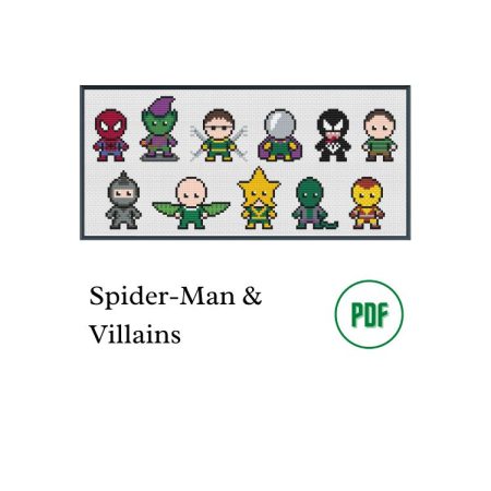 A black photo frame containing a cross stitch design of Spider-Man & Villains. Including Spider-Man, Green Goblin, Doc Ock, Mysterio, Venom, Sandman, Rhino, Vulture, Electro, Lizard & Shocker.