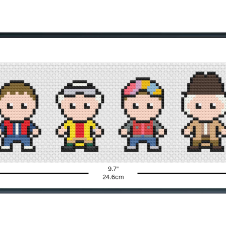 Cross stitch design of Back to the Future characters, with dimensions