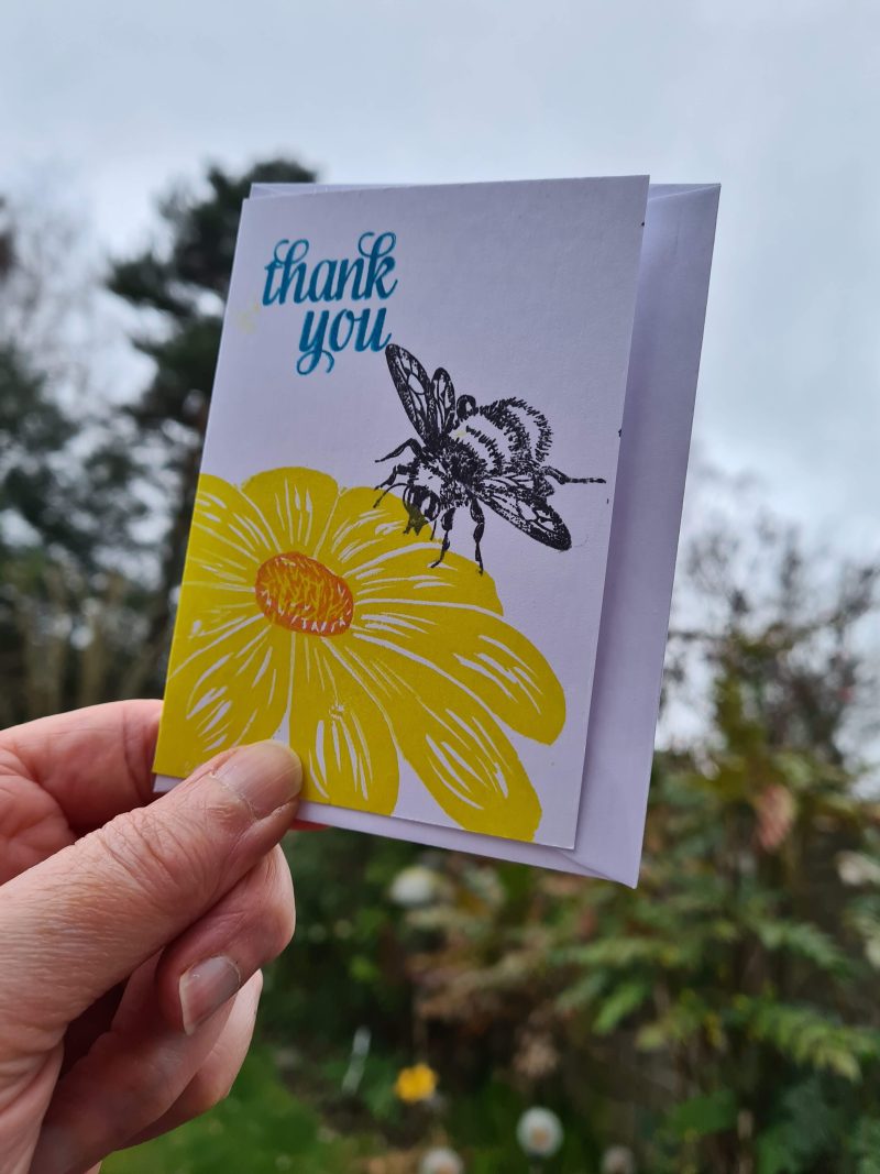 Set of 4 bee thank you cards handprinted