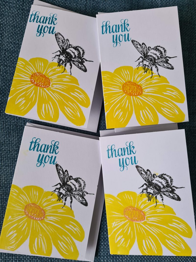 Set of 4 bee thank you cards handprinted