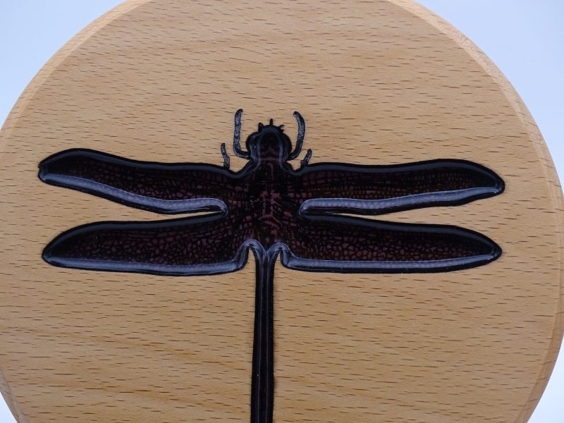 Dragonfly Engraved on Round Beech Wood infilled with coloured resin