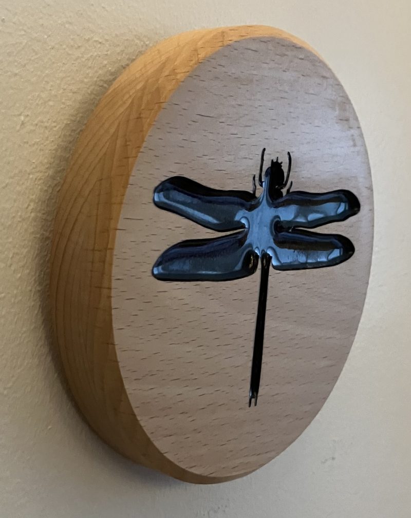 Dragonfly Engraved on Round Beech Wood infilled with coloured resin