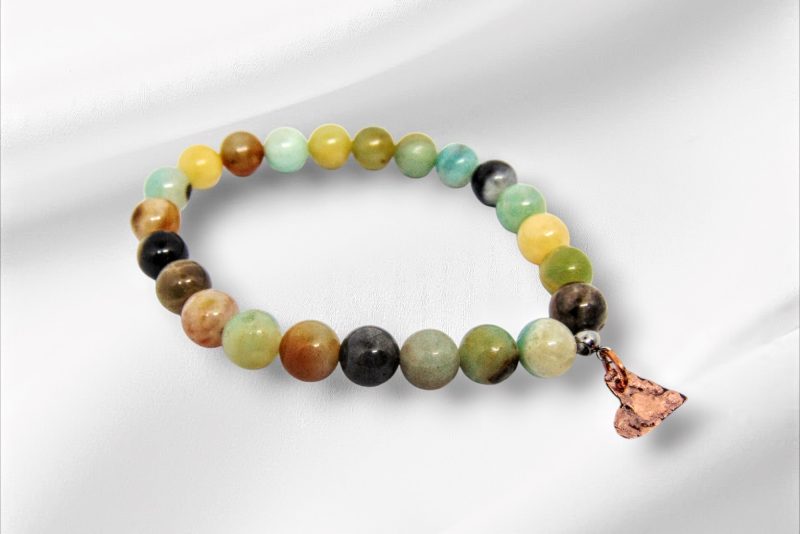 Rainbow Amazonite Bead Bracelet With Distressed Copper Heart Charm