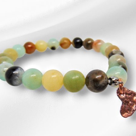 Rainbow Amazonite Bead Bracelet With Distressed Copper Heart Charm
