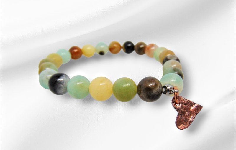 Rainbow Amazonite Bead Bracelet With Distressed Copper Heart Charm