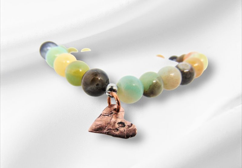 Rainbow Amazonite Bead Bracelet With Distressed Copper Heart Charm
