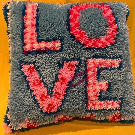 Handmade latch hook Love cushion