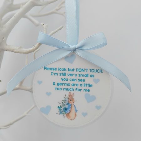 Peter Rabbit Please Don't Touch Your Germs Are Too Big For Me Pram Tag, Peter Rabbit pram charm