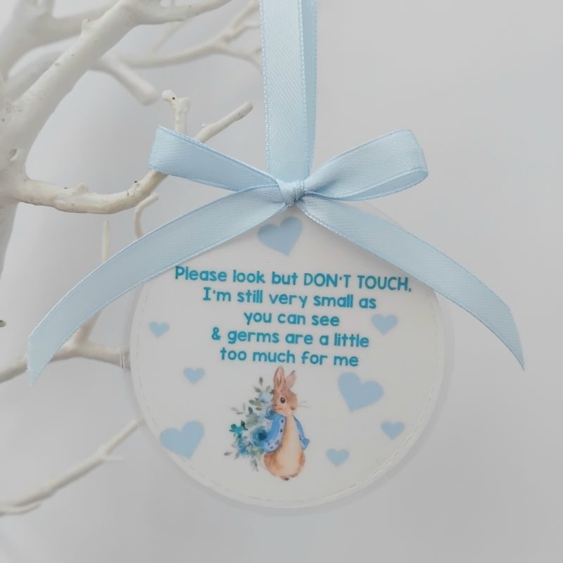 Peter Rabbit Please Don't Touch Your Germs Are Too Big For Me Pram Tag, Peter Rabbit pram charm