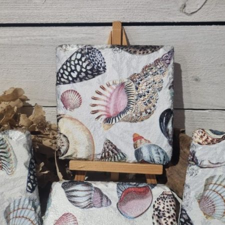 Slate Coasters, Natural Slate, Padded Rubber Feet, Decoupaged, Heat Resistant, Sea Shell Design