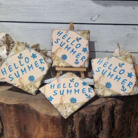 Slate Coasters, Natural Slate, Padded Rubber Feet, Decoupaged, Heat Resistant, Hello Summer Design