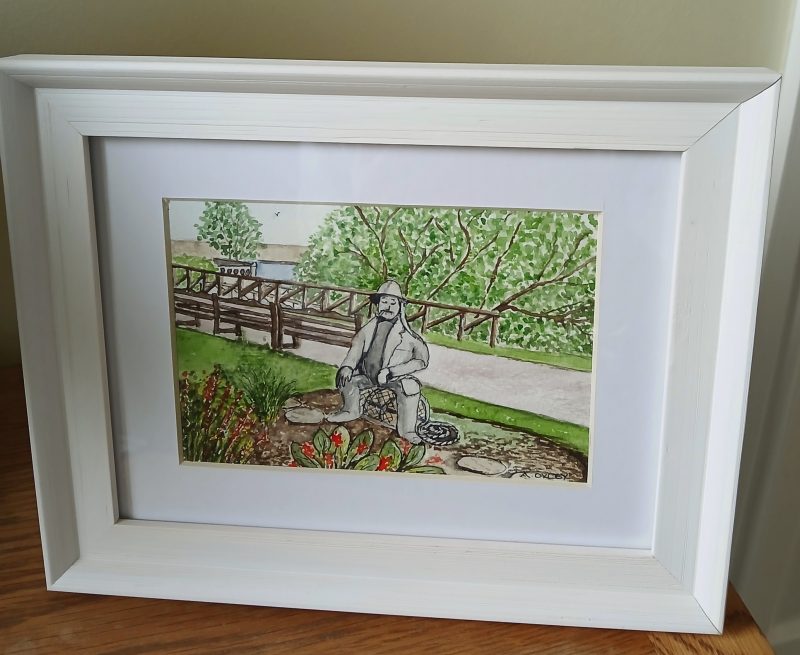 Filey, Fisherman Bed Statue, Crescent Gardens, original framed watercolour