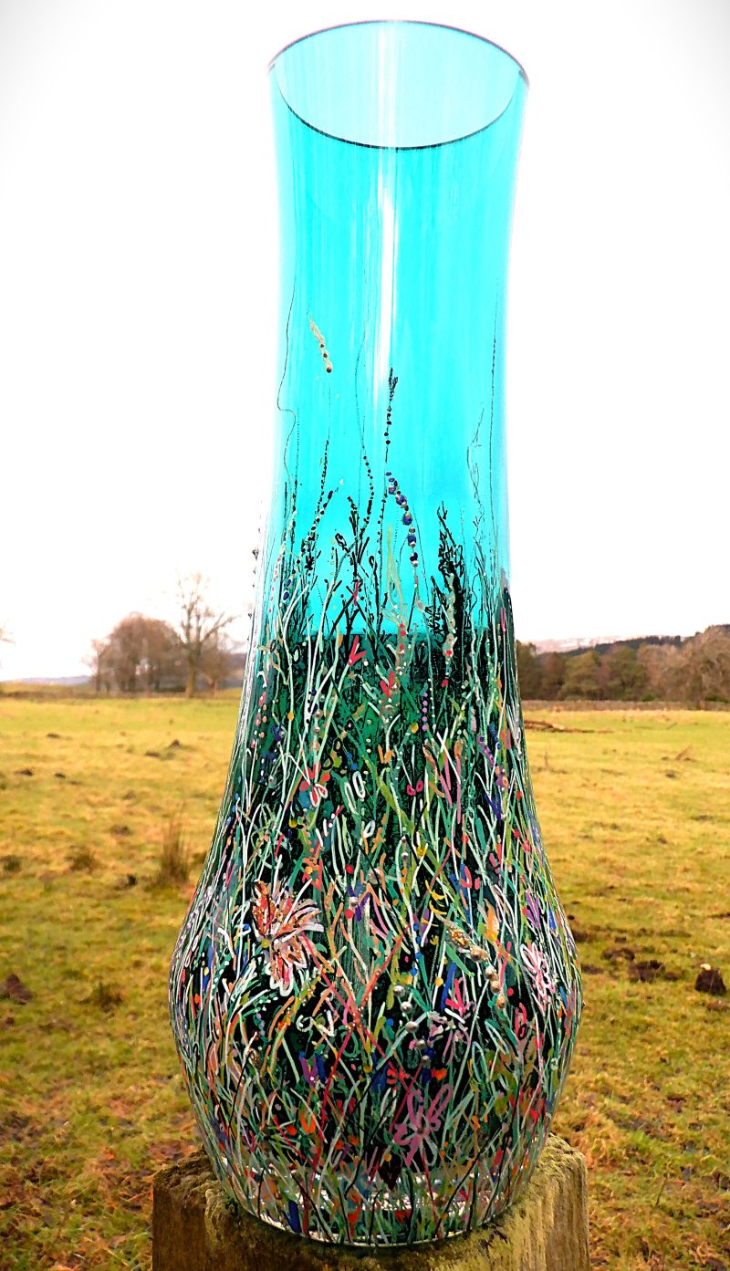 Vase Green Botanical Glass Hand painted