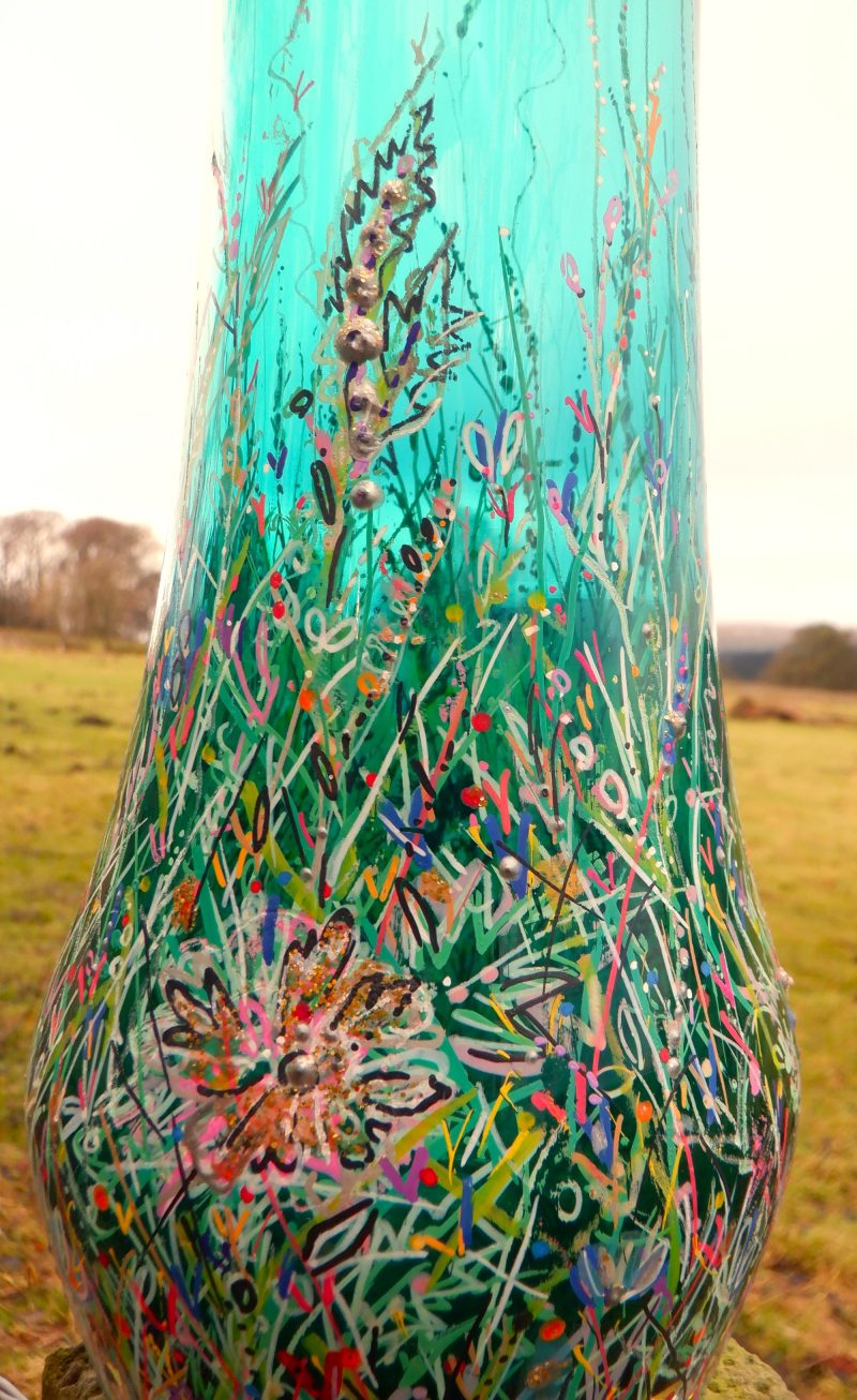 Vase Green Botanical Glass Hand painted