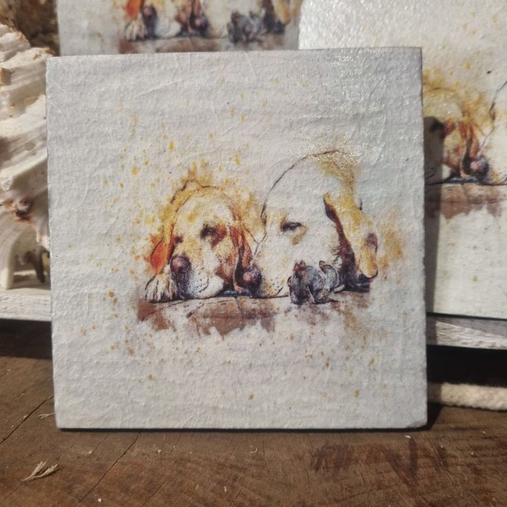 Slate Coasters, Natural Slate, Padded Rubber Feet, Decoupaged, Heat Resistant, Sleeping Labradors