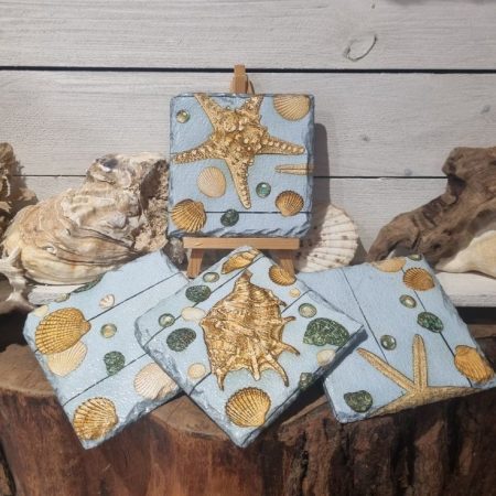 Slate Coasters, Natural Slate, Padded Rubber Feet, Decoupaged, Heat Resistant, Sea Shell Design