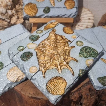 Slate Coasters, Natural Slate, Padded Rubber Feet, Decoupaged, Heat Resistant, Sea Shell Design