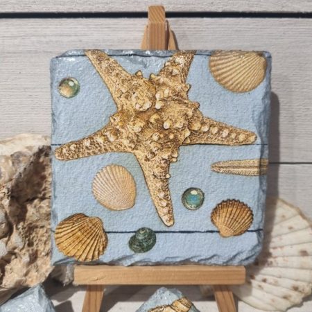 Slate Coasters, Natural Slate, Padded Rubber Feet, Decoupaged, Heat Resistant, Sea Shell Design