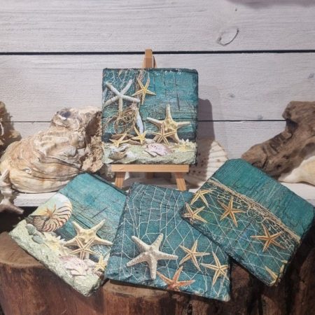 Slate Coasters, Natural Slate, Padded Rubber Feet, Decoupaged, Heat Resistant, Star Fish Design