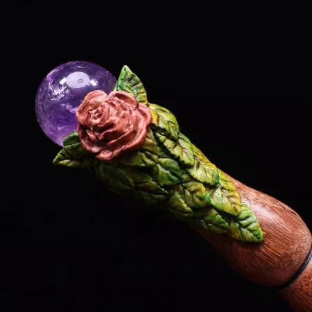 Magic wand Amethyst crystal and hand carved Oak wood wand spiritual tool.