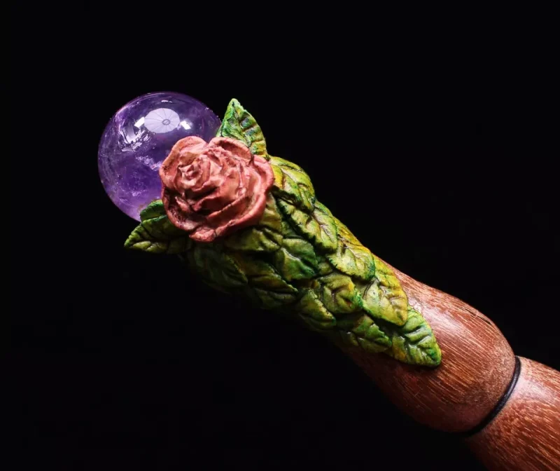 Magic wand Amethyst crystal and hand carved Oak wood wand spiritual tool.