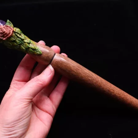 Magic wand Amethyst crystal and hand carved Oak wood wand spiritual tool.