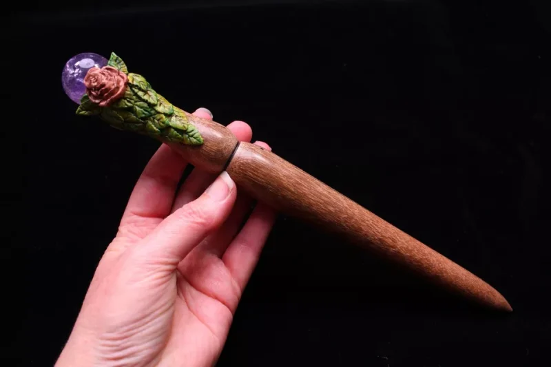 Magic wand Amethyst crystal and hand carved Oak wood wand spiritual tool.