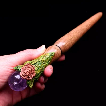 Magic wand Amethyst crystal and hand carved Oak wood wand spiritual tool.