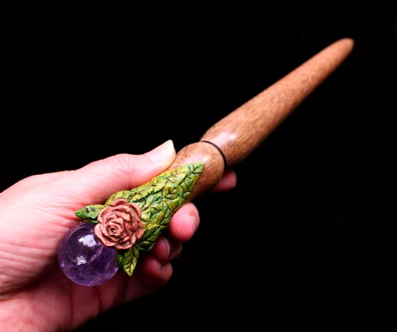 Magic wand Amethyst crystal and hand carved Oak wood wand spiritual tool.