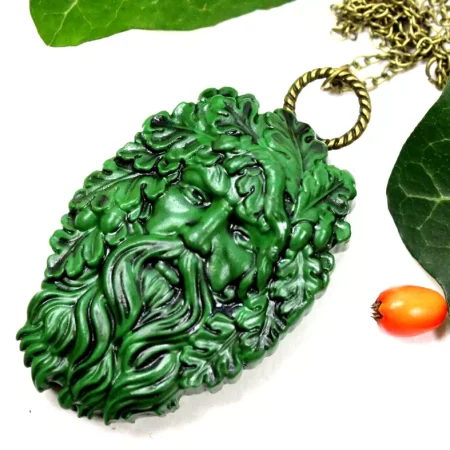 Green Man pendant, unisex pagan wiccan druid necklace, handmade item, spiritual gift idea.