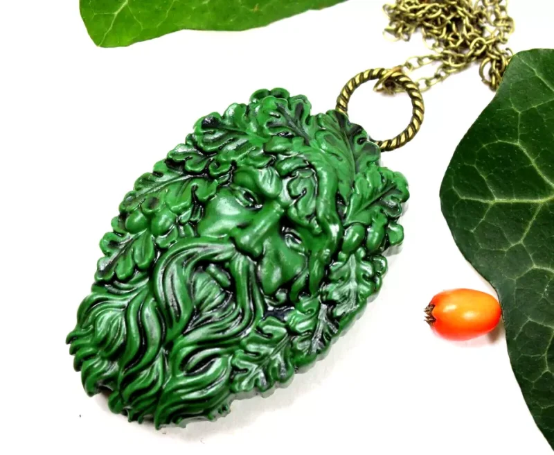 Green Man pendant, unisex pagan wiccan druid necklace, handmade item, spiritual gift idea.