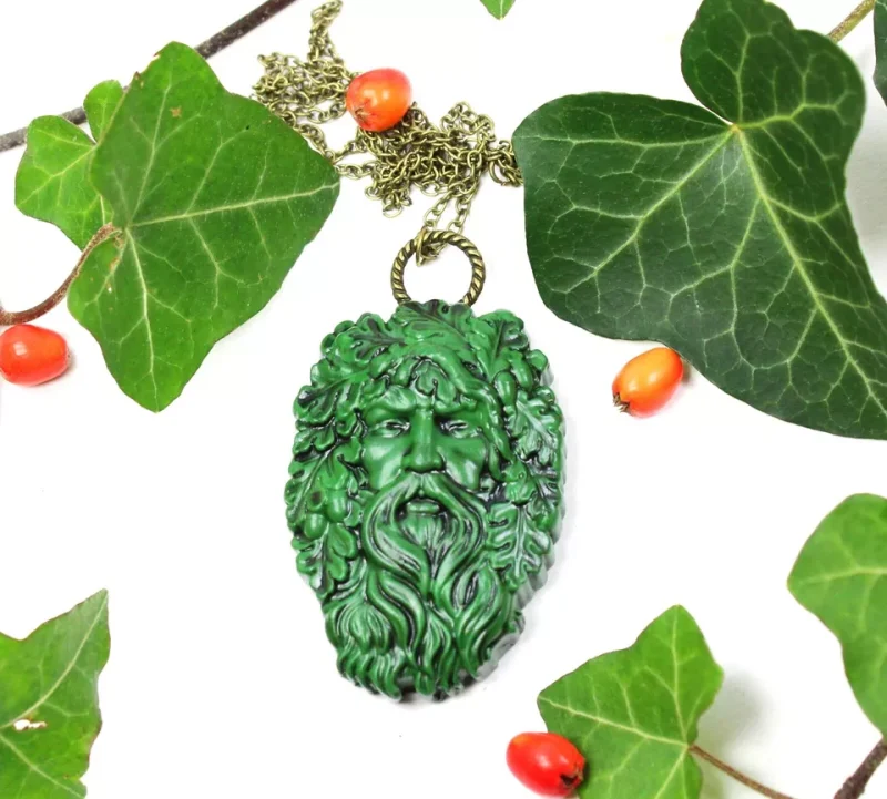 Green Man pendant, unisex pagan wiccan druid necklace, handmade item, spiritual gift idea.