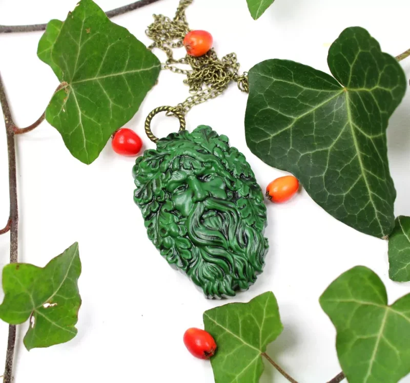 Green Man pendant, unisex pagan wiccan druid necklace, handmade item, spiritual gift idea.