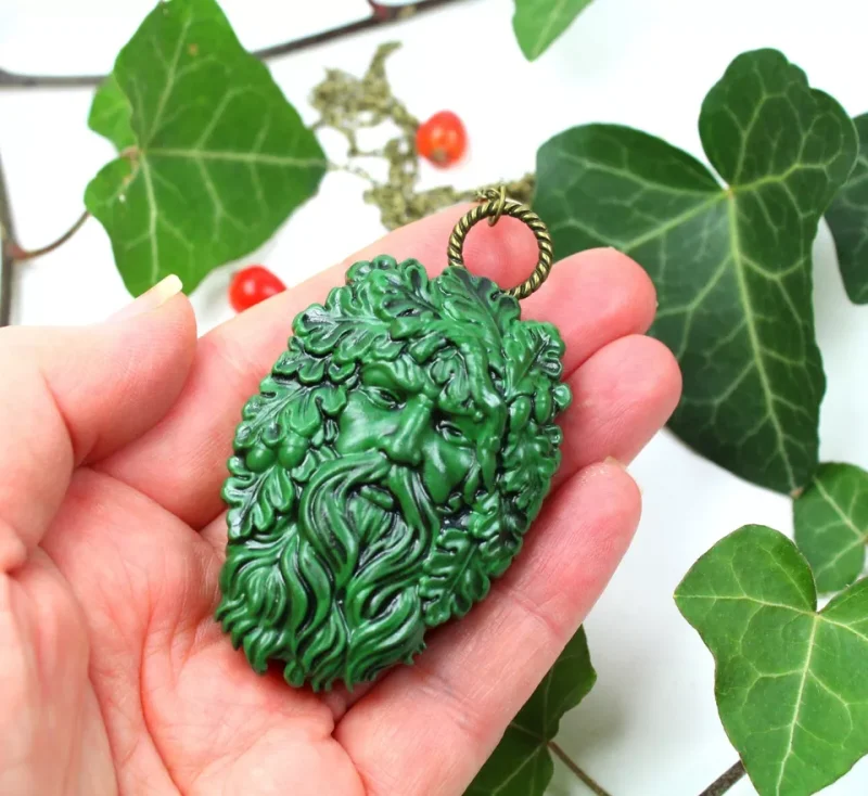 Green Man pendant, unisex pagan wiccan druid necklace, handmade item, spiritual gift idea.