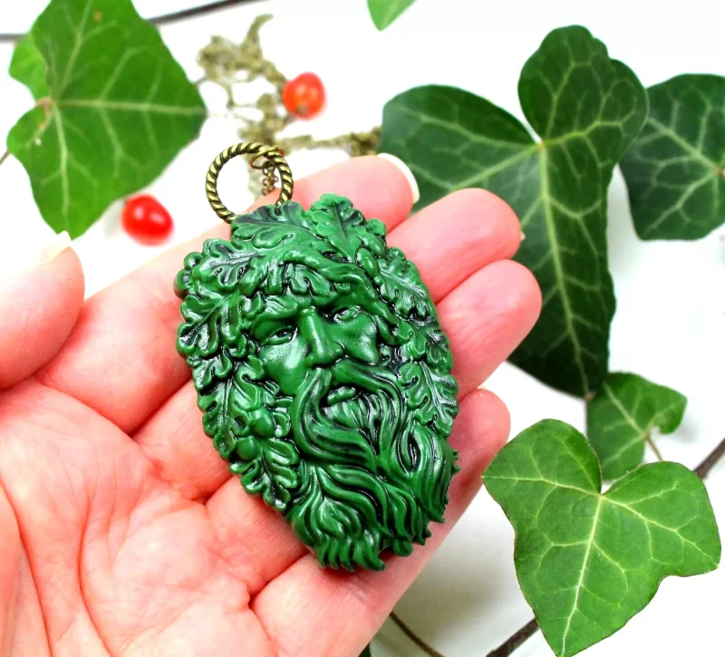 Green Man pendant, unisex pagan wiccan druid necklace, handmade item, spiritual gift idea.
