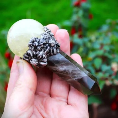Citrine and Smokey Quartz crystal magic wand, Gemstone wand, wiccan pagan druid crystal wand.